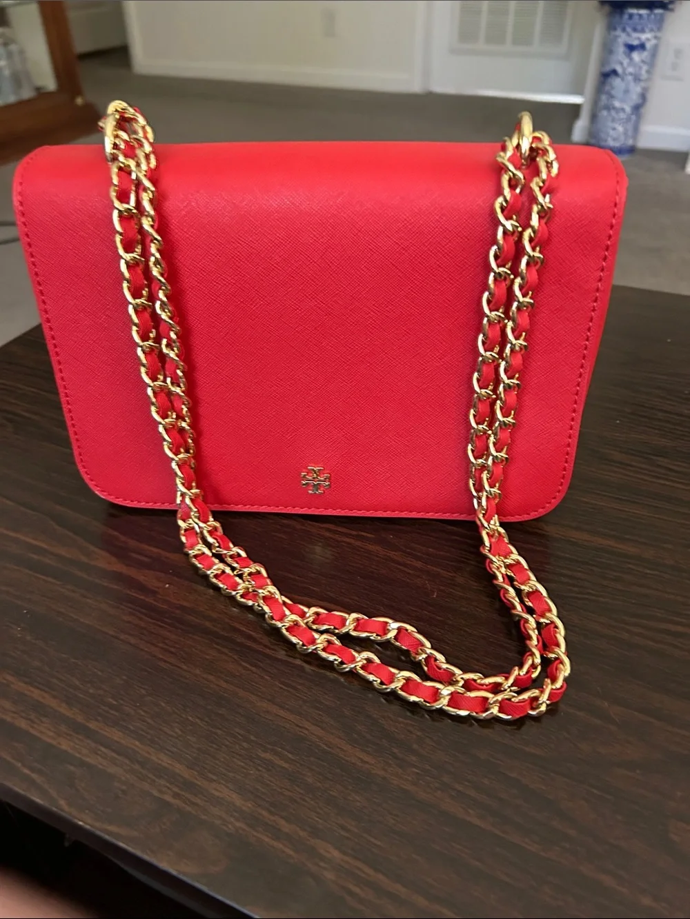 Tory Burch Bright Red Leather Chain-Strap Crossbody